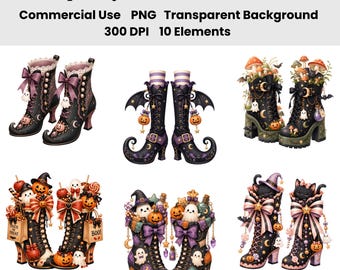 Ensemble de 10 images clipart de bottes de sorcière mignonnes et effrayantes | Chaussures de sorcière fantaisistes pour Halloween, fantômes, citrouilles, chats noirs et chauves-souris | PNG