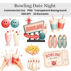 May include: Watercolor illustrations of bowling-themed elements. Includes bowling balls, pins, shoes, a sign, milkshakes, fries, and drinks. The text "Bowling Date Night" is at the top, with "Bowling Alley" on a ticket.