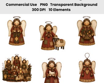 Ensemble de 10 images clipart d'anges primitifs à l'aquarelle – Anges rustiques de Noël, style folklorique, style colonial, PNG