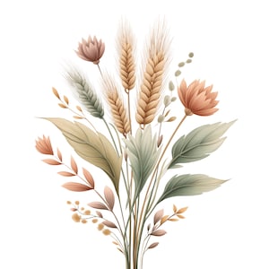 Puede incluir: Un ramo de flores secas y tallos de trigo en tonos beige, marrón y rosa. El ramo está arreglado en un jarrón y está listo para ser exhibido en un hogar u oficina.
