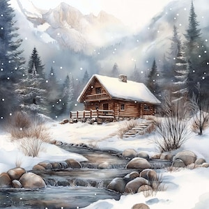 May include: A watercolour painting depicts a snow-covered cabin in a winter scene. The brown cabin has a snow-laden roof, surrounded by evergreen trees and a flowing stream. Mountains are in the background, with falling snowflakes adding to the wintery atmosphere.