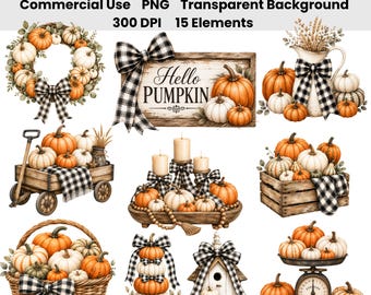 Ensemble de 15 éléments PNG d'automne : citrouilles et vichy noir, style ferme, aquarelle | Collection de décorations automnales rustiques