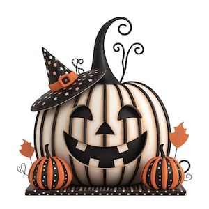 May include: A white and black striped jack-o'-lantern with a black witch hat and a friendly face. Two smaller pumpkins with orange and black polka dots are on either side of the jack-o'-lantern. All three pumpkins are sitting on a black and white polka dot surface.