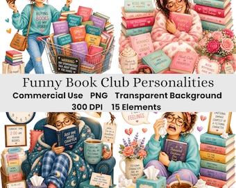 Ensemble de 15 images clipart aquarelle humoristiques sur le thème des clubs de lecture : amoureux des livres, lecteurs, ambiance lecture, etc. (PNG transparents)