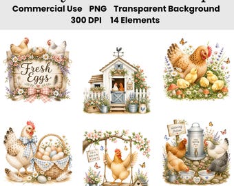 Ensemble de 14 images clipart aquarelle de poulaillers de jardin | Décoration champêtre | Téléchargement numérique d'œufs frais