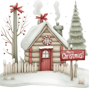 May include: A snowy, red-trimmed log cabin with a red door and a sign that reads "Merry Christmas!" in front of it. There is a small evergreen tree to the right of the cabin and a red bow on the chimney.