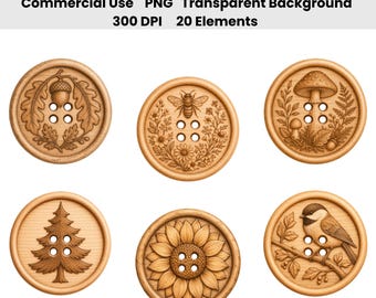Ensemble de 20 images clipart aquarelle de boutons en bois gravés | Graphismes PNG de boutons rustiques en bois | Style cottagecore | Couture et loisirs créatifs