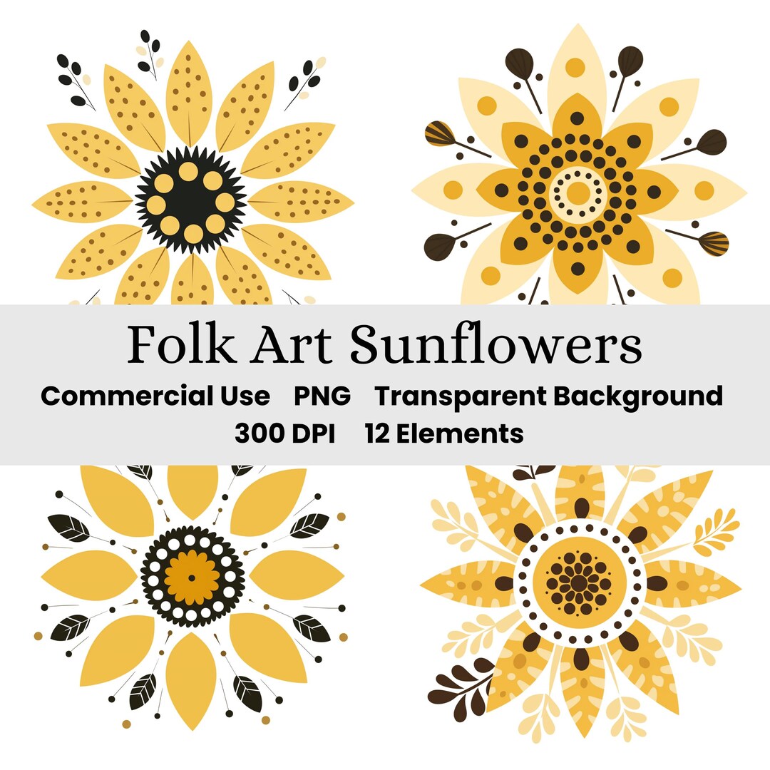 Folk Art Sunflowers Clip Art Set | Digital Floral Images for Scrapbooks ...