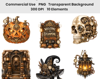 Ensemble d'images clipart Steampunk Halloween, sorcière gothique victorienne (PNG), citrouille mécanique, crâne de corbeau, laboratoire de potions, usage commercial.