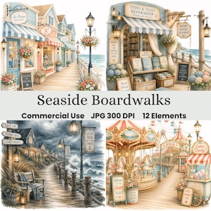 May include: Watercolor illustrations of seaside boardwalks with shops, a carousel, and a pier. The image includes text that reads "Seaside Boardwalks", "Commercial Use", and "JPG 300 DPI 12 Elements". The artwork features a coastal theme with shops, a carousel, and a pier.