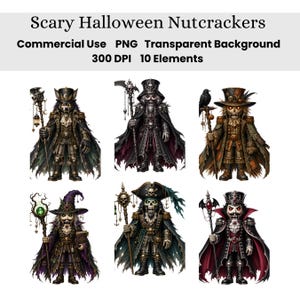 May include: A digital collection of six distinct nutcracker figures featuring dark, ornate costumes and accessories. The characters include a wolf, a skeleton, a scarecrow, a wizard, a pirate, and a vampire, each holding a detailed staff.
