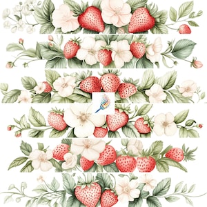 Ensemble de clipart bordures aux fraises | Images numériques de bordure pour scrapbooking, fabrication de cartes, travaux manuels | PNG à usage commercial | Arrière-plans transparents