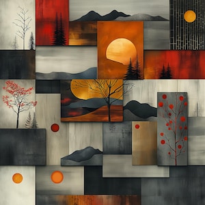 Może przedstawiać: Abstrakcyjny wydruk artystyczny przedstawiający kolaż geometrycznych kształtów i scen z natury. Wydruk zawiera różne kolory, w tym czerwony, pomarańczowy, żółty, brązowy i szary. Wydruk składa się z różnych sekcji, z których każda ma swój własny, unikalny projekt. Wydruk idealnie nadaje się do dodania odrobiny nowoczesnej sztuki do każdego pomieszczenia.