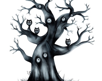 Imágenes prediseñadas de árboles negros espeluznantes / Imágenes digitales de Halloween para álbumes de recortes, tarjetas y manualidades / PNG de uso comercial / Fondos transparentes