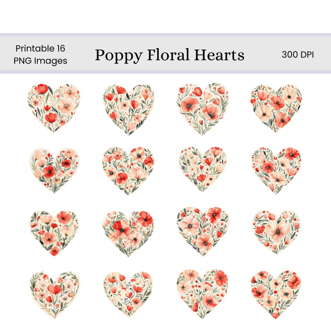 Poppy Floral Heart Clip Art Set | Valentine Digital Images for ...
