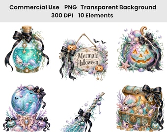Clipart aquarelle Halloween Mermaidcore | Lot de 10 PNG sur le thème côtier d'Halloween | Esthétique sorcière des océans, décoration pastel effrayante