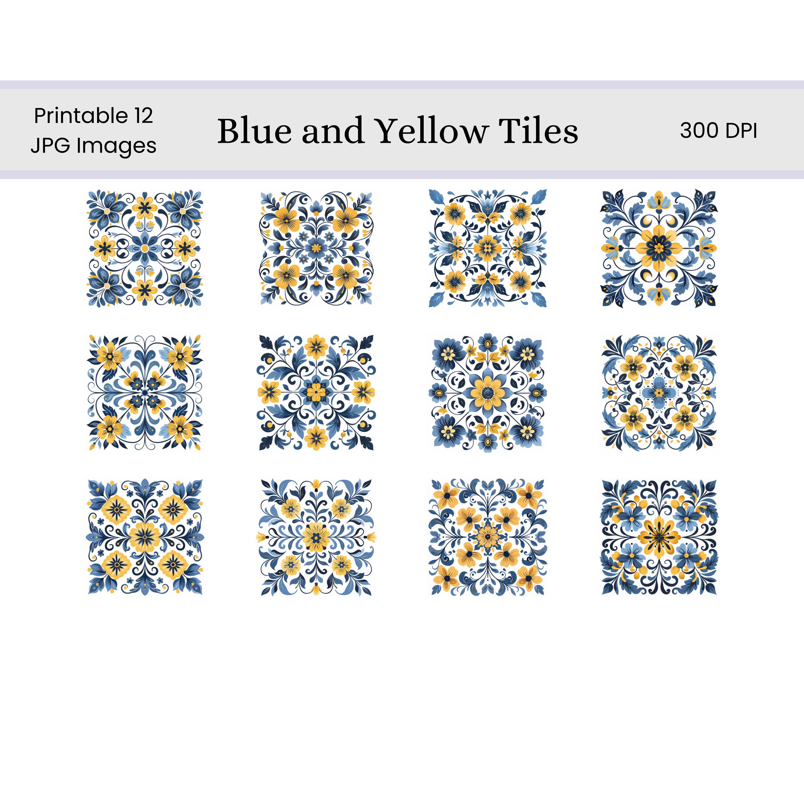 Blue and Yellow Floral Tiles Digital Pages | Floral Printable Digital ...