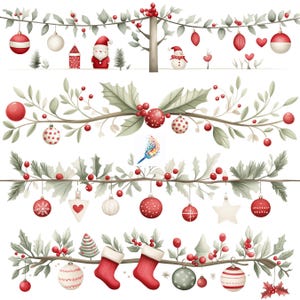 May include: Watercolor illustration of Christmas ornaments and decorations. The image features red and white ornaments, Santa Claus, snowmen, and Christmas stockings, all arranged on branches with green leaves and red berries.