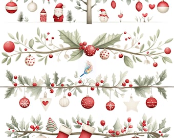 May include: Watercolor illustration of Christmas ornaments and decorations. The image features red and white ornaments, Santa Claus, snowmen, and Christmas stockings, all arranged on branches with green leaves and red berries.