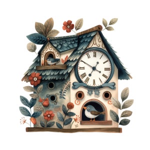 Whimsical Cuckoo Clock Clip Art Set | Pretty Digital Images | Scrapbooks, Card Making, Crafts | Commercial Use PNGs | Transparent Background