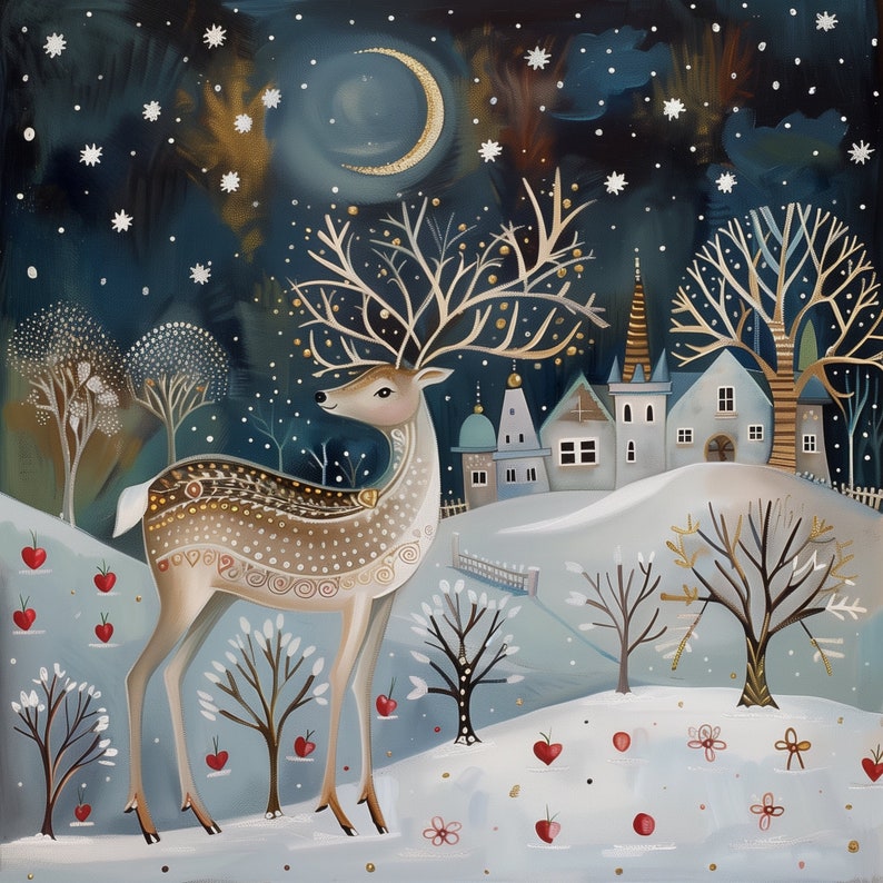 May include: A whimsical painting of a deer with large antlers standing in a snowy landscape. The deer is brown and white with intricate patterns. The background features a small village with houses and a crescent moon in the night sky.