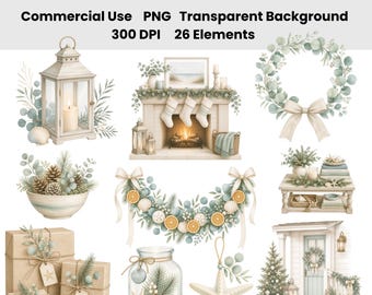 Ensemble de 26 images clipart aquarelle de Noël pour mamie de bord de mer (PNG neutres) | Éléments de décoration de Noël pour maison de plage