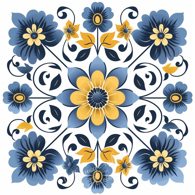 Blue and Yellow Floral Tiles Digital Pages | Floral Printable Digital ...