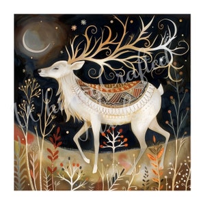 May include: A white deer with large, intricate antlers stands in a dark forest setting. The deer is adorned with a patterned, colorful blanket. The background features a crescent moon and stylized trees and plants.
