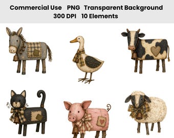 Ensemble de 10 illustrations d'animaux de ferme rustiques (mouton, vache, cochon, chèvre, cheval, âne, canard, oie, chat de ferme) au format PNG