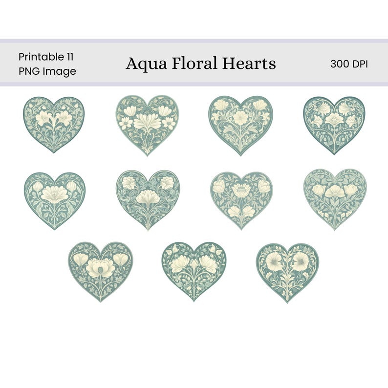 Aqua Floral Heart Clip Art Set | Valentine Digital Images for ...