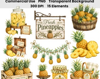 Ensemble d'images clipart aquarelle d'ananas de marché fermier | Collection PNG d'étals de produits rustiques en bord de route | Graphismes de marché fermier tropical