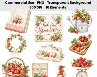 Ensemble d'images clipart aquarelle de fraises champêtres | 16 éléments PNG pour une cuisine d'été rustique | Collection de décorations champêtres aux baies