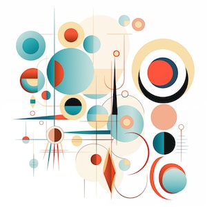 May include: Abstract geometric art print featuring a mix of circles, lines, and shapes in shades of blue, red, black, and white.