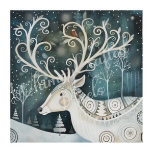 May include: A white deer with intricate, swirling antlers stands in a snowy forest. The deer's body is decorated with geometric patterns in shades of gray and white. A small red bird perches on a branch in the deer's antlers.