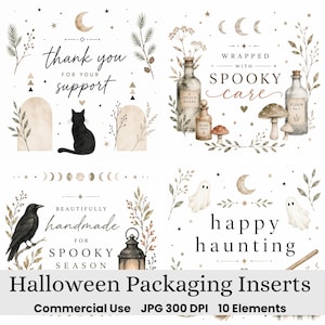 May include: Four square packaging inserts featuring watercolor illustrations. Designs include a black cat, glass apothecary bottles with labels, a black crow on a branch, and two small ghosts. Text includes thank you for your support, wrapped with spooky care, beautifully handmade for spooky season, and happy haunting.