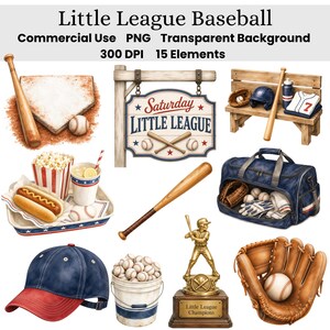 Peut inclure: Une collection de 15 illustrations numériques sur le thème du baseball comprenant une batte en bois, un marbre, un panneau indiquant Saturday Little League, un banc, un sac de sport, un hot-dog, du pop-corn, une casquette et un trophée.