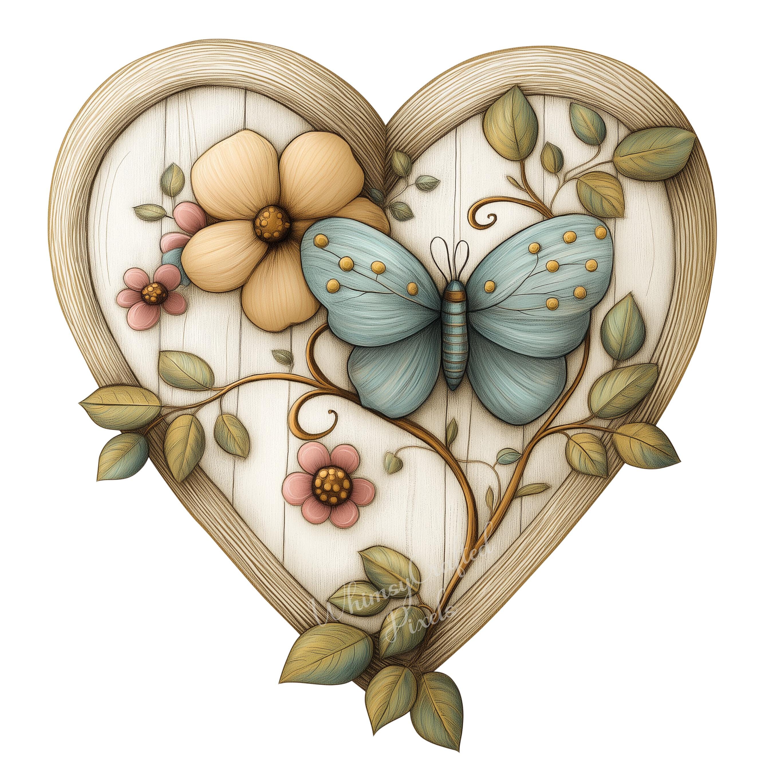 Wooden Floral Hearts Clip Art Set | Rustic Digital Images | Scrapbooks ...
