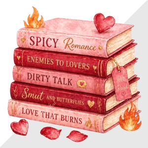 以下が含まれることがあります： 「Spicy Romance」や「Dirty Talk」などのタイトルが書かれた5冊の本のイラスト。本は主に赤とピンクで、金色の文字が使われています。ハート、炎、そして「Hot Read」のタグがデザインを飾っています。