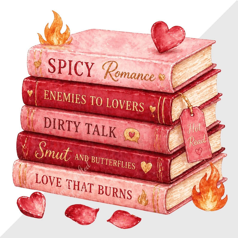 以下が含まれることがあります： 「Spicy Romance」や「Dirty Talk」などのタイトルが書かれた5冊の本のイラスト。本は主に赤とピンクで、金色の文字が使われています。ハート、炎、そして「Hot Read」のタグがデザインを飾っています。