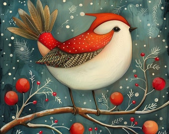 May include: A whimsical illustration of a red and white bird with a red hat perched on a branch with red berries. The background is a blue-green watercolor wash with white dots.