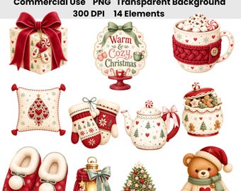 Cozy Cute Christmas Watercolor Clipart Bundle, 14 PNG, Cute Holiday Decor, Cozy Cottage Christmas, Knitted Winter Clip Art