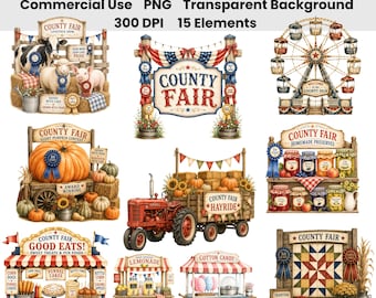 Ensemble d'images clipart aquarelle de fête foraine, PNG vintage de fête foraine, grande roue, nourriture de fête foraine, animaux de la ferme, rubans bleus, récolte d'automne