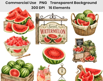 Lot de 16 images clipart aquarelle de pastèques de marché fermier | 16 PNG d'étals de ferme estivaux | Décoration rustique de marché champêtre | Usage commercial