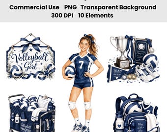 Ensemble de 10 illustrations PNG de volley-ball en aquarelle bleu marine et blanc | Décoration de volley-ball preppy | Usage commercial