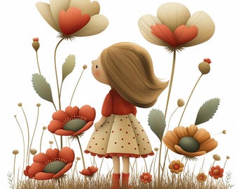 Small Girls Tall Flowers Digital Pages | Whimsical Printable Digital Backgrounds | For Scrapbooks, Card Making, Crafts | Commercial Use JPGs
