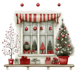 Può includere: Illustrazione ad acquerello di una scena natalizia con finestra. Una tenda a strisce rosse e bianche sovrasta una finestra che mostra alberi di Natale in miniatura e regali incartati. Un albero di Natale decorato e un albero di bacche su entrambi i lati.