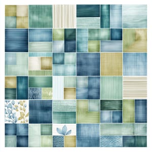 May include: A patchwork design featuring a variety of rectangular and square shapes in shades of blue, green, and beige. The pattern includes textures like stripes, crosshatching, and watercolor effects, creating a visually diverse and artistic composition. The overall theme is a blend of natural and abstract elements.