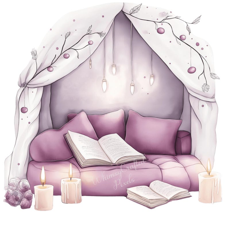 Op de afbeelding: Digitale illustratie van een gezellige leeshoek. Een gecapitonneerde, mauvekleurige bank met kussens en open boeken. Een gedrapeerde luifel met hangende lichten en bloemaccenten cre&euml;ert een intieme ruimte. Brandende kaarsen en bloemaccenten maken de sc&egrave;ne compleet.