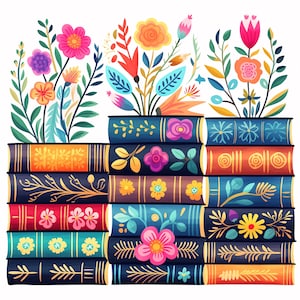 Blumige Buchstapel Digitale Seiten | Lustige druckbare digitale Hintergründe | Für Scrapbooks, Kartengestaltung, Kunsthandwerk | Kommerzielle Nutzung JPGs