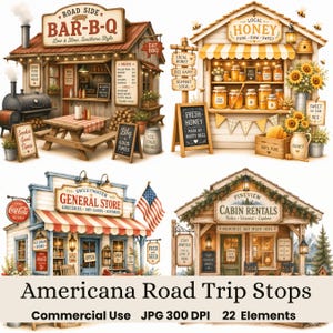 Op de afbeelding: Waterverfillustratie van Amerikaanse roadtrip-stops, waaronder een BBQ-restaurant, een honingwinkel, een kruidenierswinkel en hutverhuur. De afbeelding toont borden, gebouwen en decoratieve elementen, met de tekst "Americana Road Trip Stops" onderaan.